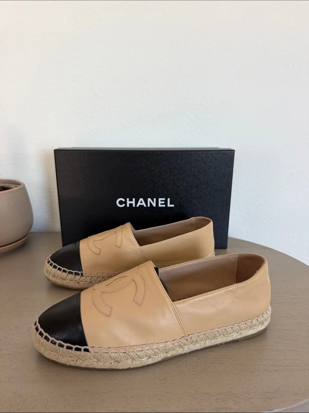 CHANEL Beige and Black Leather Espadrille Flats with CC Logo